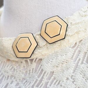 Vintage Cream and Black Hexagonal Enamel Clip on Earrings